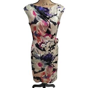 Suzi Chin for Maggy Boutique Silk Satin Ruched Sheath Dress Floral Print Size 4.